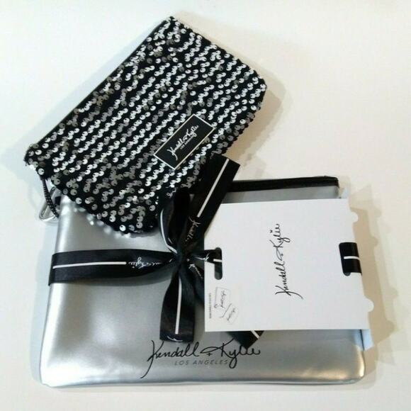 Kendall + Kylie 2pc Pouch Set with Silver Metallic & Sequins Travel Makeup Bags - Picture 2 of 4